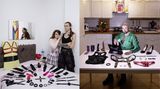 Collage: 2 Fotos im Hochformat, 3 Personen posieren in ihrer eigenen Wohnung vor ihrer Sammlung von Sexspielzeugen
