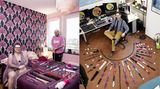 Collage: 2 Fotos im Hochformat, 3 Personen posieren in ihrer eigenen Wohnung vor ihrer Sammlung von Sexspielzeugen