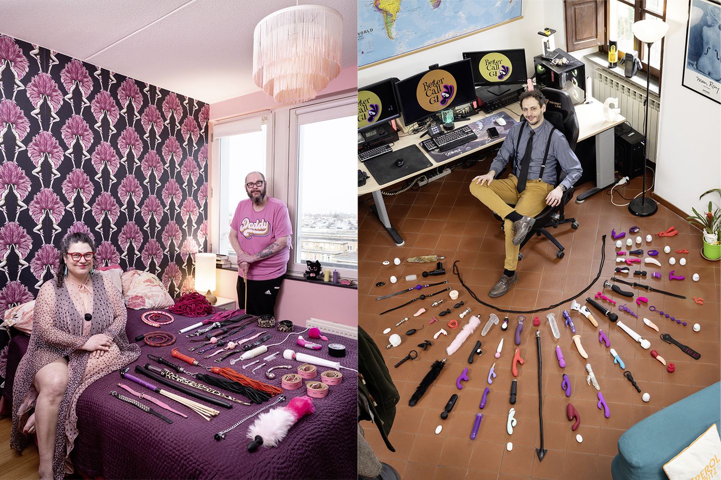Collage: 2 Fotos im Hochformat, 3 Personen posieren in ihrer eigenen Wohnung vor ihrer Sammlung von Sexspielzeugen