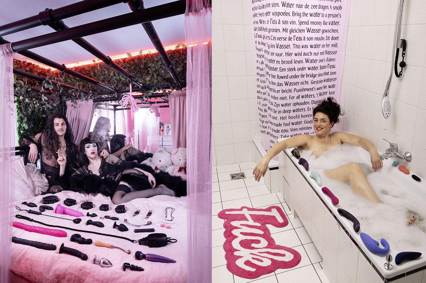 Collage: 2 Fotos im Hochformat, 3 Personen posieren in ihrer eigenen Wohnung vor ihrer Sammlung von Sexspielzeugen Collage: 2 Fotos im Hochformat, 3 Personen posieren in ihrer eigenen Wohnung vor ihrer Sammlung von Sexspielzeugen