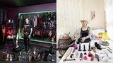 Collage: 2 Fotos im Hochformat, 2 Personen posieren in ihrer eigenen Wohnung vor ihrer Sammlung von Sexspielzeugen