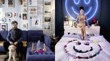 Collage: 2 Fotos im Hochformat, 2 Personen posieren in ihrer eigenen Wohnung vor ihrer Sammlung von Sexspielzeugen