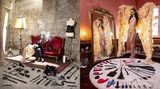 Collage: 2 Fotos im Hochformat, 3 Personen posieren in ihrer eigenen Wohnung vor ihrer Sammlung von Sexspielzeugen