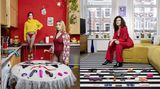 Collage: 2 Fotos im Hochformat, 3 Personen posieren in ihrer eigenen Wohnung vor ihrer Sammlung von Sexspielzeugen