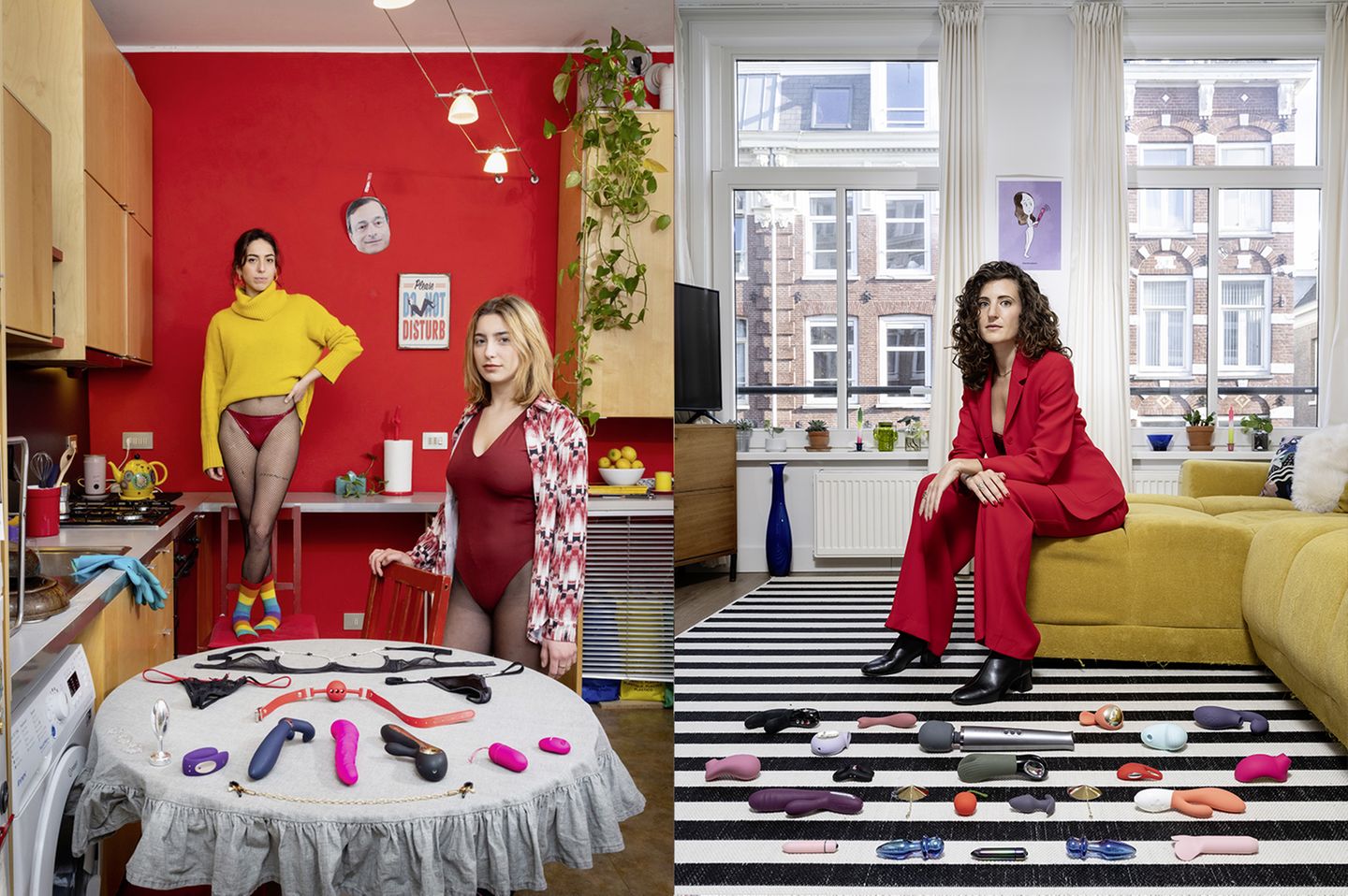 Collage: 2 Fotos im Hochformat, 3 Personen posieren in ihrer eigenen Wohnung vor ihrer Sammlung von Sexspielzeugen
