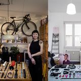 Collage: 2 Fotos im Hochformat, 2 Personen posieren in ihrer eigenen Wohnung vor ihrer Sammlung von Sexspielzeugen