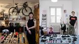 Collage: 2 Fotos im Hochformat, 2 Personen posieren in ihrer eigenen Wohnung vor ihrer Sammlung von Sexspielzeugen