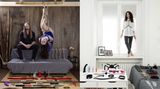 Collage: 2 Fotos im Hochformat, 3 Personen posieren in ihrer eigenen Wohnung vor ihrer Sammlung von Sexspielzeugen