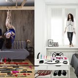 Collage: 2 Fotos im Hochformat, 3 Personen posieren in ihrer eigenen Wohnung vor ihrer Sammlung von Sexspielzeugen