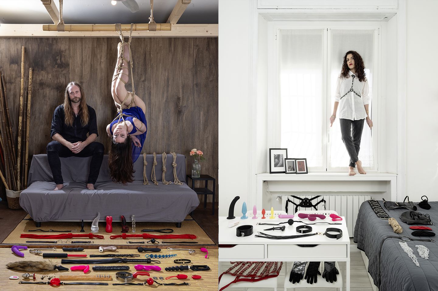 Collage: 2 Fotos im Hochformat, 3 Personen posieren in ihrer eigenen Wohnung vor ihrer Sammlung von Sexspielzeugen