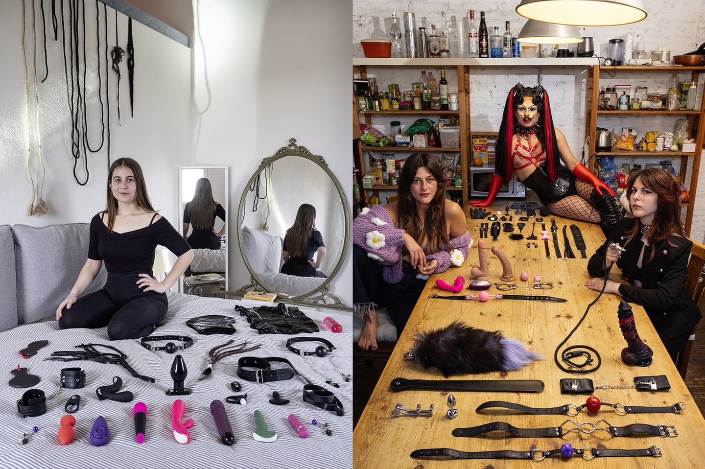 Collage: 2 Fotos im Hochformat, 4 Personen posieren in ihrer eigenen Wohnung vor ihrer Sammlung von Sexspielzeugen Collage: 2 Fotos im Hochformat, 4 Personen posieren in ihrer eigenen Wohnung vor ihrer Sammlung von Sexspielzeugen