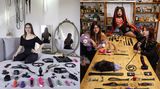 Collage: 2 Fotos im Hochformat, 4 Personen posieren in ihrer eigenen Wohnung vor ihrer Sammlung von Sexspielzeugen