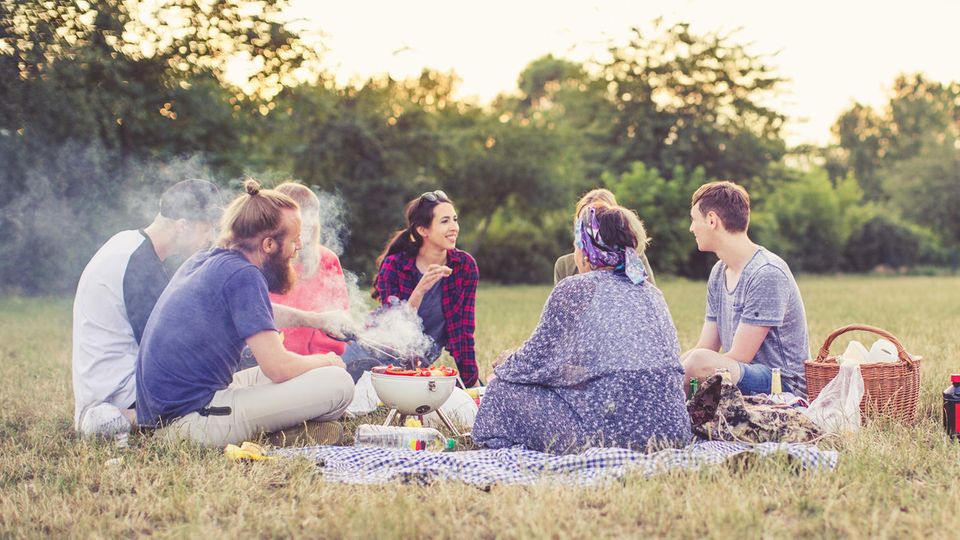 Deals und Angebote: Freunde sitzen beim Grill-Picknick auf einer Wiese