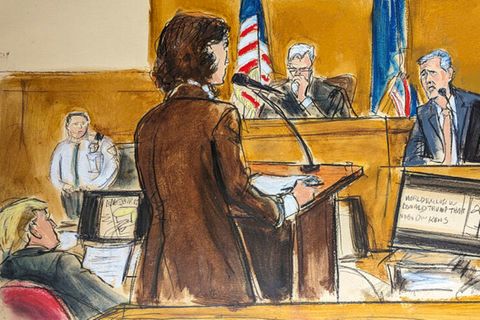 Staatsanwältin Susan Hoffinge befragt den Zeugen Michael Cohen. Donald Trump sitzt links von ihr, Richter Juan Merchan in der Mitte - illustriert von einer Gerichtszeichnerin.