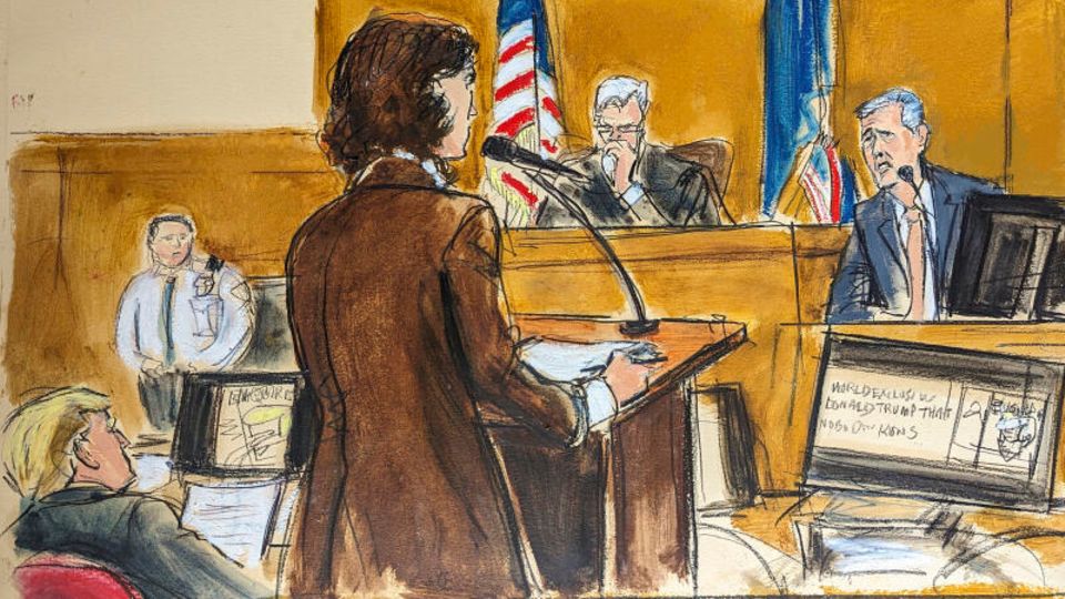 Staatsanwältin Susan Hoffinge befragt den Zeugen Michael Cohen. Donald Trump sitzt links von ihr, Richter Juan Merchan in der Mitte - illustriert von einer Gerichtszeichnerin.
