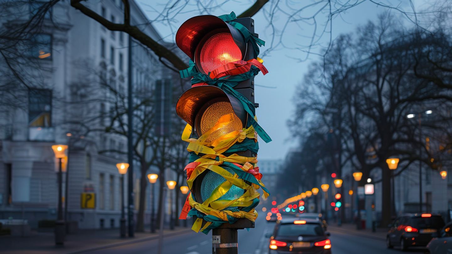Ampel Eine umwickelte Ampel in einer Straßenszene