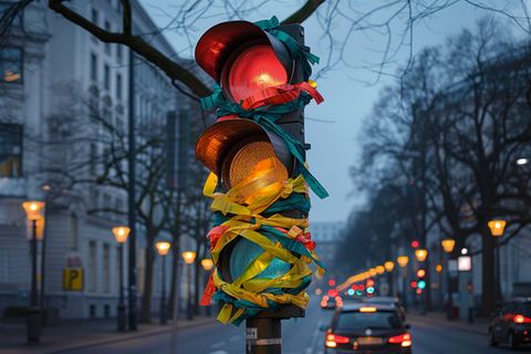 Eine umwickelte Ampel in einer Straßenszene