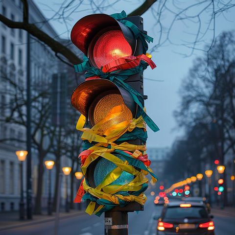 Eine umwickelte Ampel in einer Straßenszene