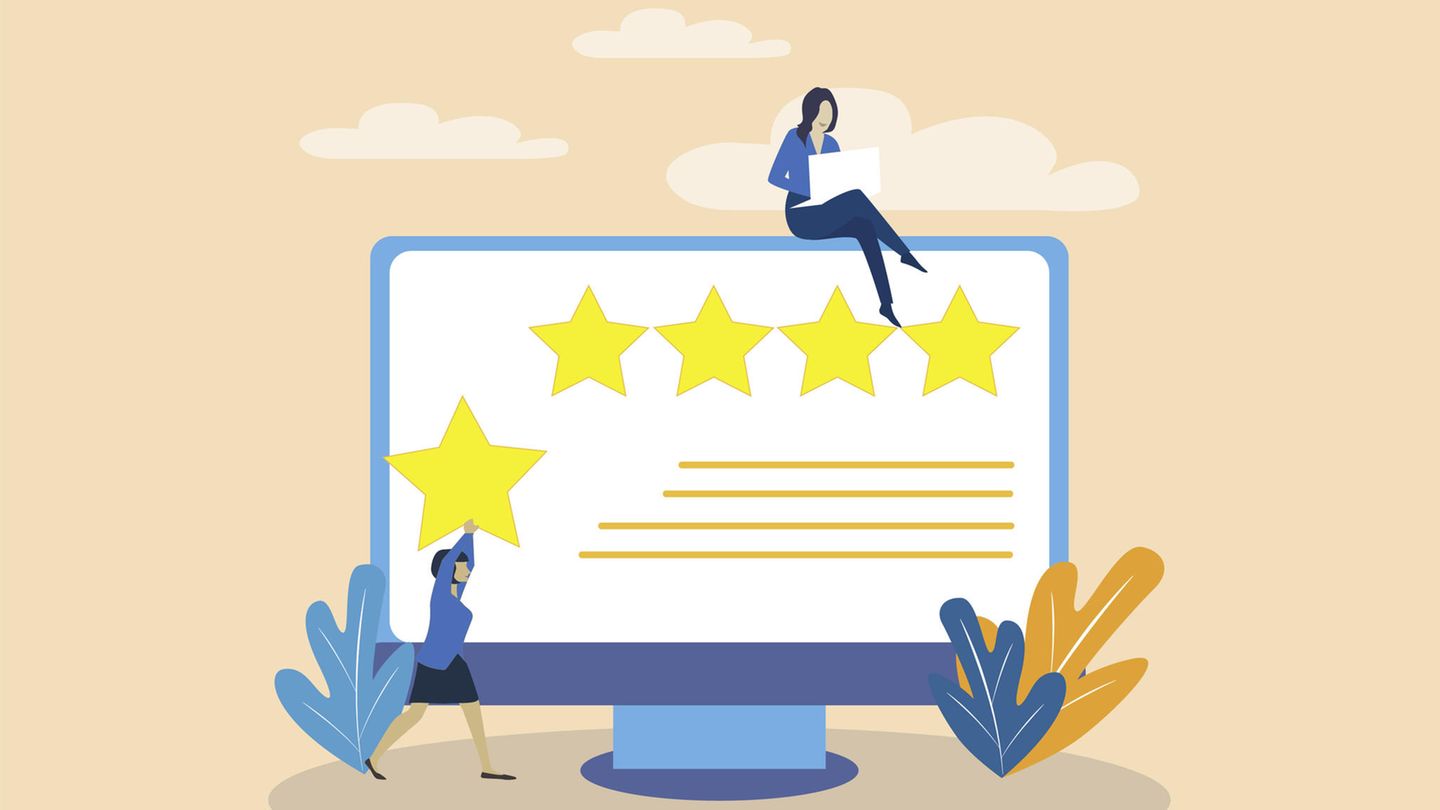 Wertschätzung: Illustration einer Frau, die Sterne auf einem Bildschirm positioniert, auf dem eine Kollegin sitzt