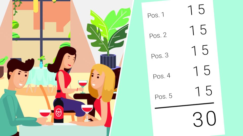 Logikrätsel: Können Sie diese Restaurant-Rechnung lösen? Eine Illustration von Gästen in einem Restaurant und einer Quittung
