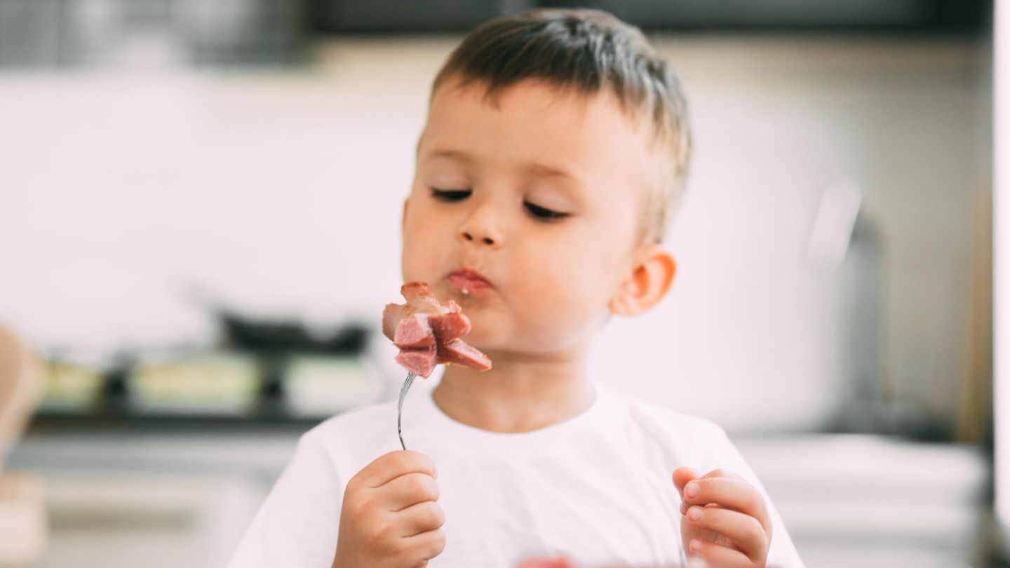 Ein Junge blickt kritisch auf seine Gabel mit Fleisch