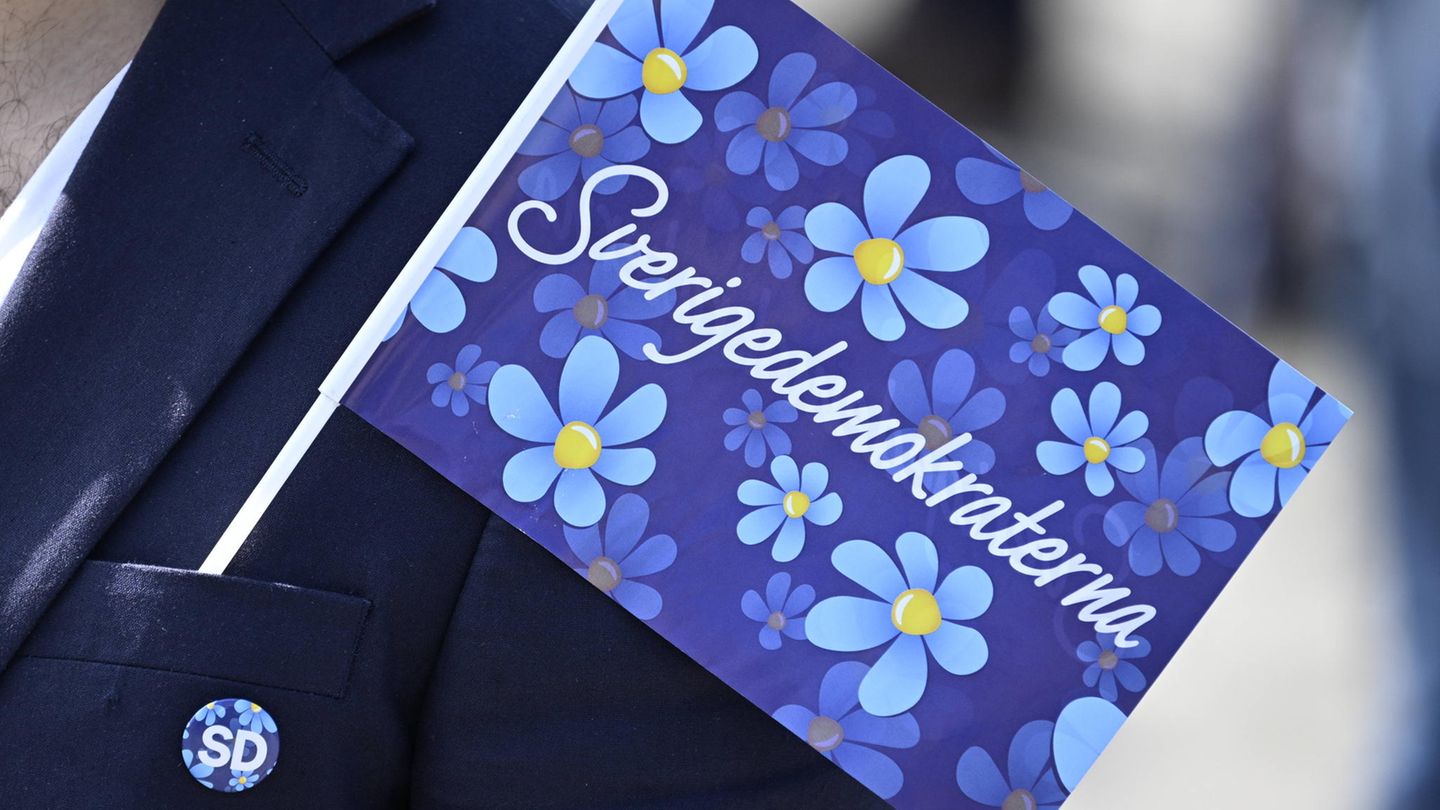 Eine Flagge der Schwedendemokraten mit blauen und gelben Blumen und der Aufschrift 