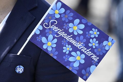 Ein Fähnchen der Schwedendemokraten, mit blau-gelben Blumen und der Aufschrift "Sverigedemokraterna"