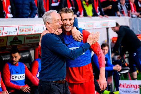Achteinhalb Jahre lang spielte Nils Petersen (rechts) unter Christian Streich. Petersen beendet 2023 seine Karriere, Streich bestreitet am Samstag sein letztes Spiel als Trainer des SC Freiburg in der Bundesliga.
