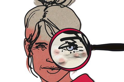 Illustration "Die Diagnose" zum Thema Hyaluron und Corona-Impfung: Das Auge einer Frau unter einer Lupe