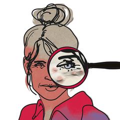 Illustration "Die Diagnose" zum Thema Hyaluron und Corona-Impfung: Das Auge einer Frau unter einer Lupe