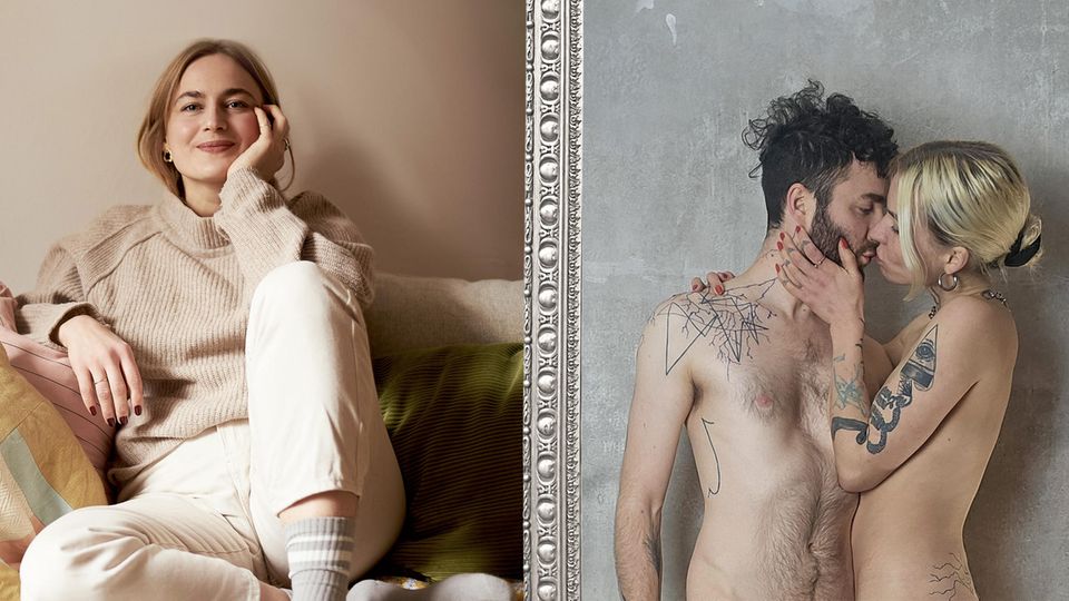 Collage zeigt: Svenja Napp sitzt auf der Couch, daneben ein Bild von einem nackten, sich küssenden Paar