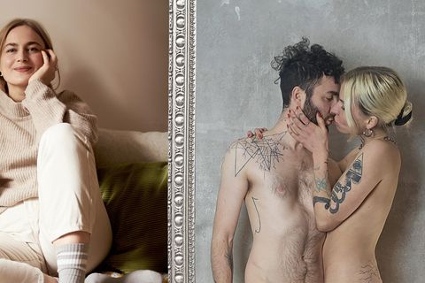 Collage zeigt: Svenja Napp sitzt auf der Couch, daneben ein Bild von einem nackten, sich küssenden Paar