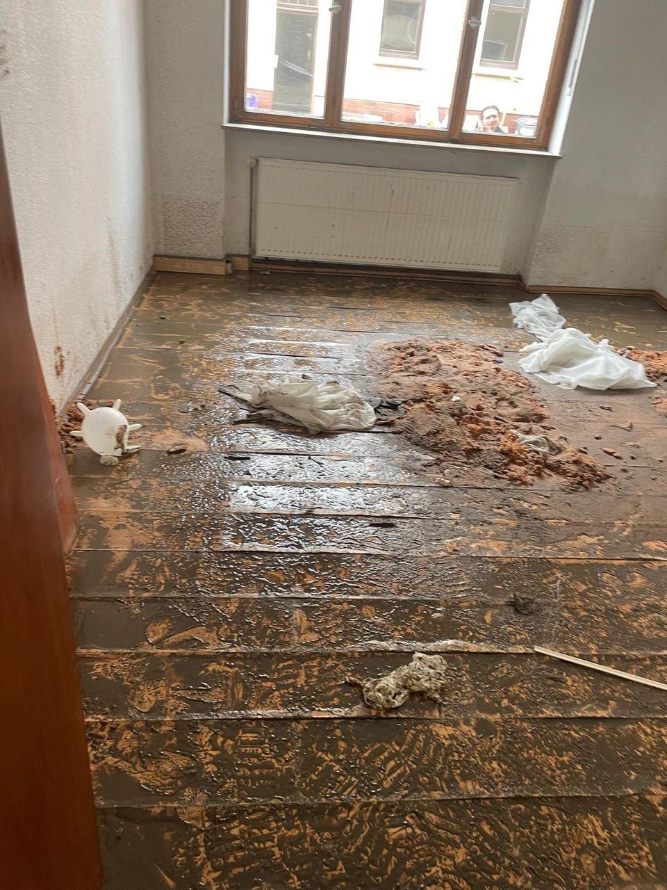 Ein Blick in ein durchweichtes Zimmer.  Der Wasserstand während des Hochwassers ist an der Tapete ablesbar.