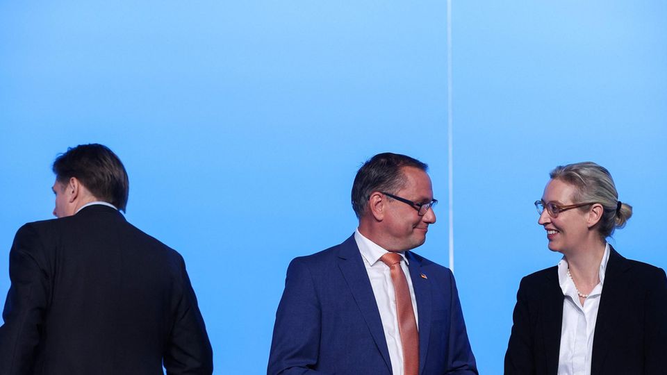 AfD-Spitzenkandidat Maximilian Krah (links) mit den Parteivorsitzenden Tino Chrupalla und Alice Weidel