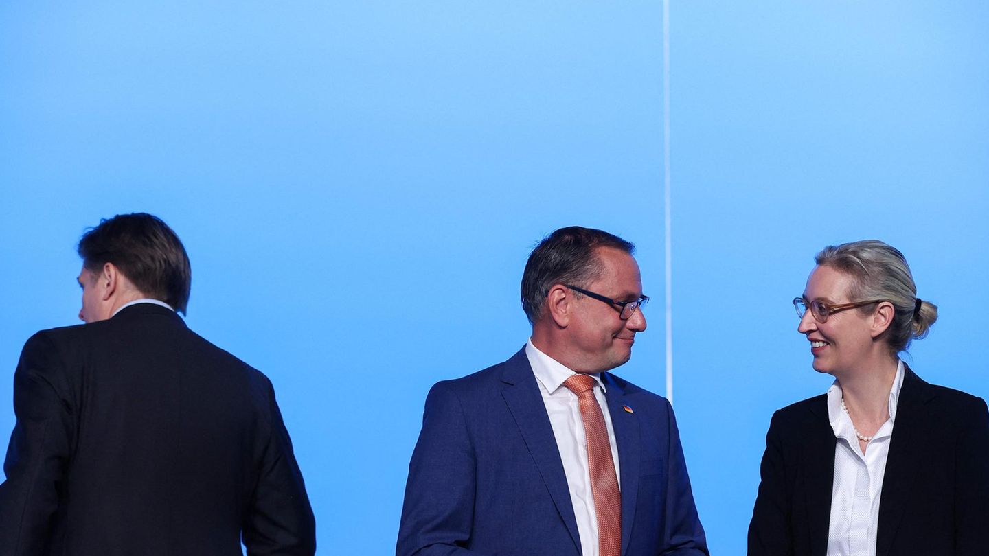 AfD-Spitzenkandidat Maximilian Krah (links) mit den Parteivorsitzenden Tino Chrupalla und Alice Weidel