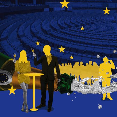 Collage zeigt Abgeordnete des EU-Parlaments in Brüssel bei einem Umtrunk