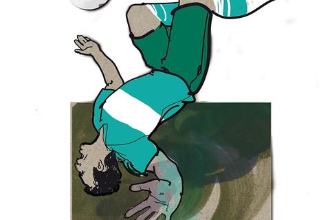 Risiko Nackenschmerzen: Illustration eines Mannes, der einen Fallrückzieher macht