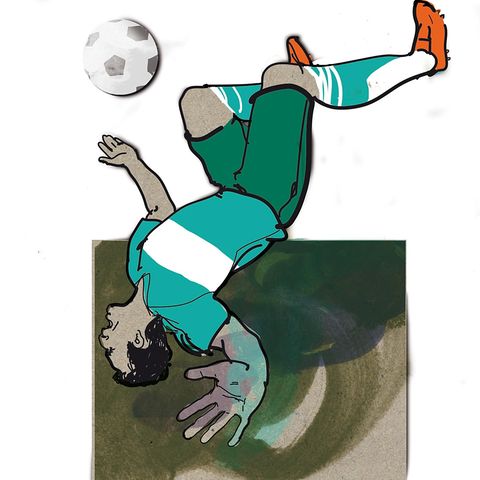 Risiko Nackenschmerzen: Illustration eines Mannes, der einen Fallrückzieher macht