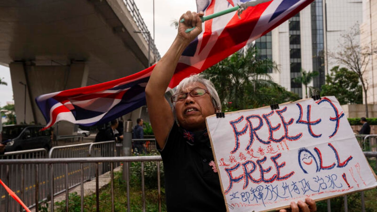Die als "Oma Wong" bekannte Demokratieaktivistin protestiert vor dem Gericht in Hongkong