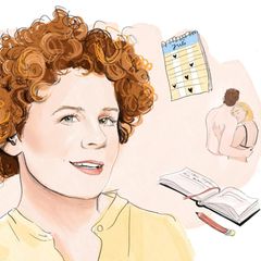Illustration der Kolumnistin Tina Molin. Einer Frau mit Locken. Um sie herum ein Brief, ein Handy, Sex-Spielzeug