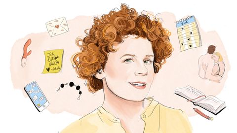 Illustration der Kolumnistin Tina Molin. Einer Frau mit Locken. Um sie herum ein Brief, ein Handy, Sex-Spielzeug