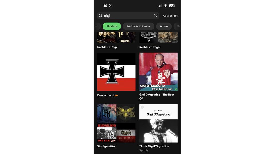 Rechte Musik im Aufwind: Wer derzeit bei Spotify nach "Gigi" sucht, landet schnell bei einschlägigen Playlists Wer derzeit bei Spotify nach "Gigi" sucht, landet schnell bei einschlägigen Playlists