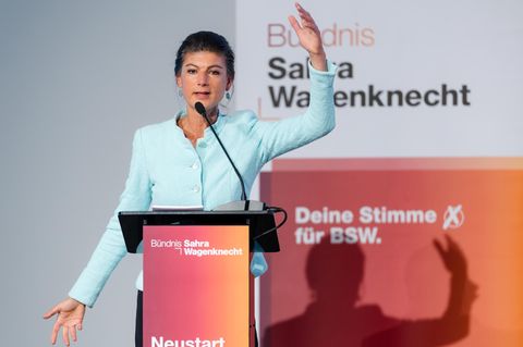 Die Bundesvorsitzende des BSW, Sahra Wagenknecht, auf dem Listenparteitag in am Samstag in Erfurt.