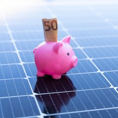 Betrug beim Kauf einer Solaranlage? Rosa Sparschwein auf Panel.