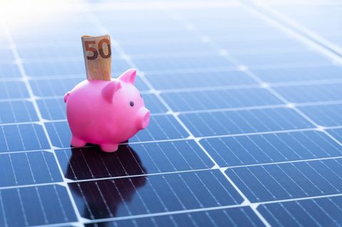 Betrug beim Kauf einer Solaranlage? Rosa Sparschwein auf Panel.