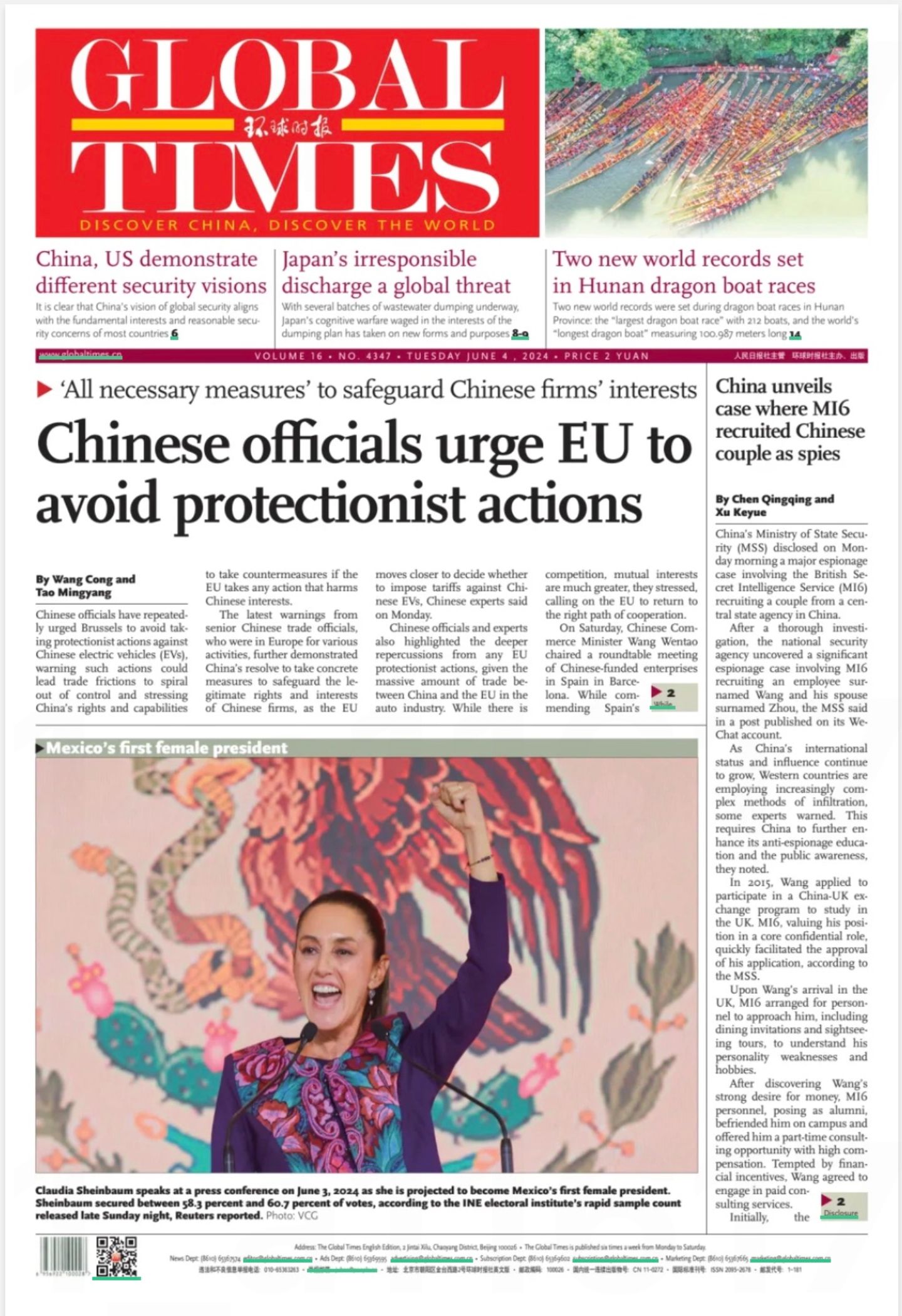 Die Titelseite der englischsprachigen chinesischen Zeitung "Global Times" berichtet auch lieber über Mexikos neue Präsidentin