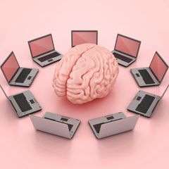 3D-Illustration eines übergroßen Gehirns auf einem rosa Untergrund, umkreist von aufgeklappten Laptops