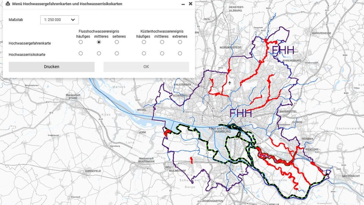 Die Hochwassergefahrenkarte für Hamburg erreicht man über folgenden Link:  geoportal-hamburg.de/hochwasserrisikomanagement