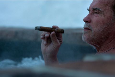 Arnold Schwarzenegger in einem Wirlpool mit Zigarre - Filmstil aus "Arnold"
