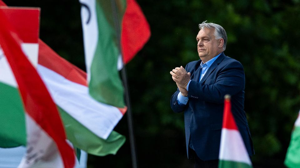 "Demokratie hier ist gescheitert": stern-Reporter befragt Menschen in Ungarn zu Orbán und der EU Ein Foto von Viktor Orbán vor ungarischen Flaggen